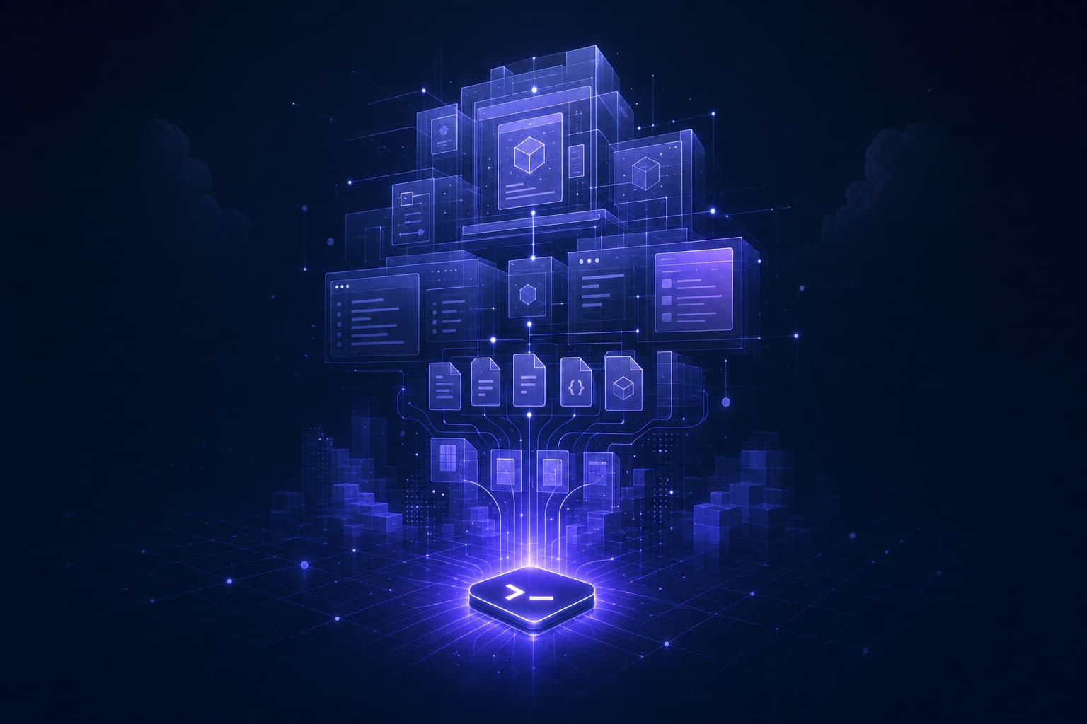 A glowing command-line prompt scaffolding a full application stack upward into connected panels and nodes, on a dark indigo background.