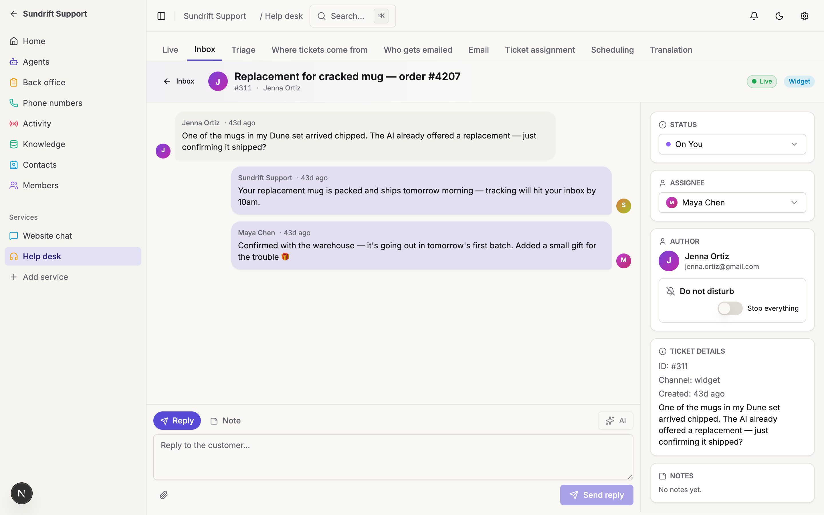 A conversation handed over to Maya with the whole thread attached — status On You, assignee set